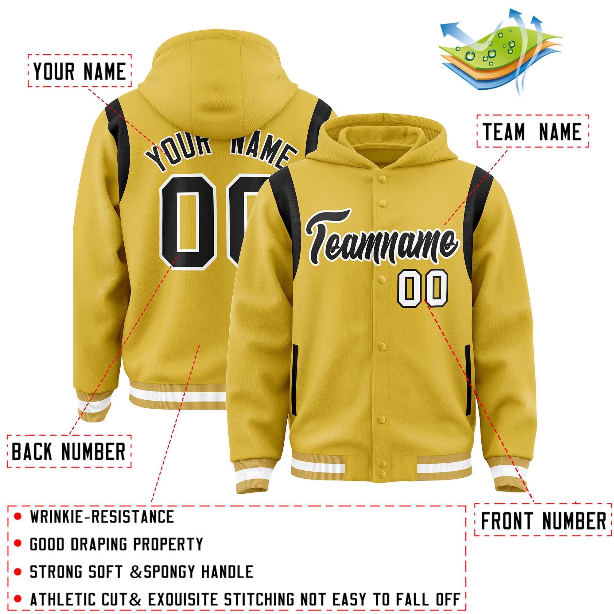 Custom Old Gold Black Varsity Full-Snap Letterman Shoulder Color Block Hoodie Jacket