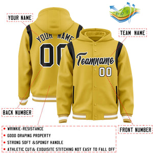 Custom Old Gold Black Varsity Full-Snap Letterman Shoulder Color Block Hoodie Jacket