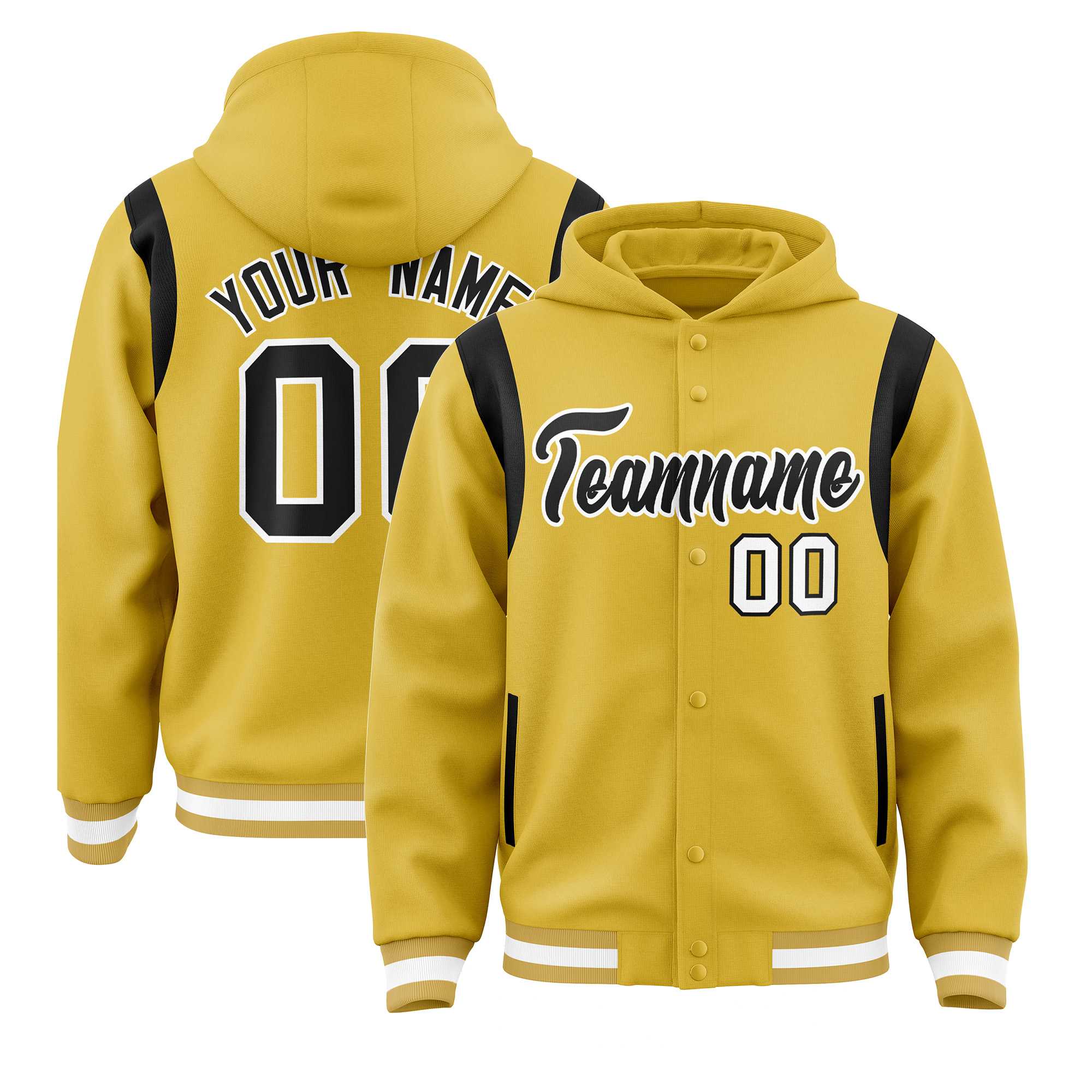 Custom Old Gold Black Varsity Full-Snap Letterman Shoulder Color Block Hoodie Jacket