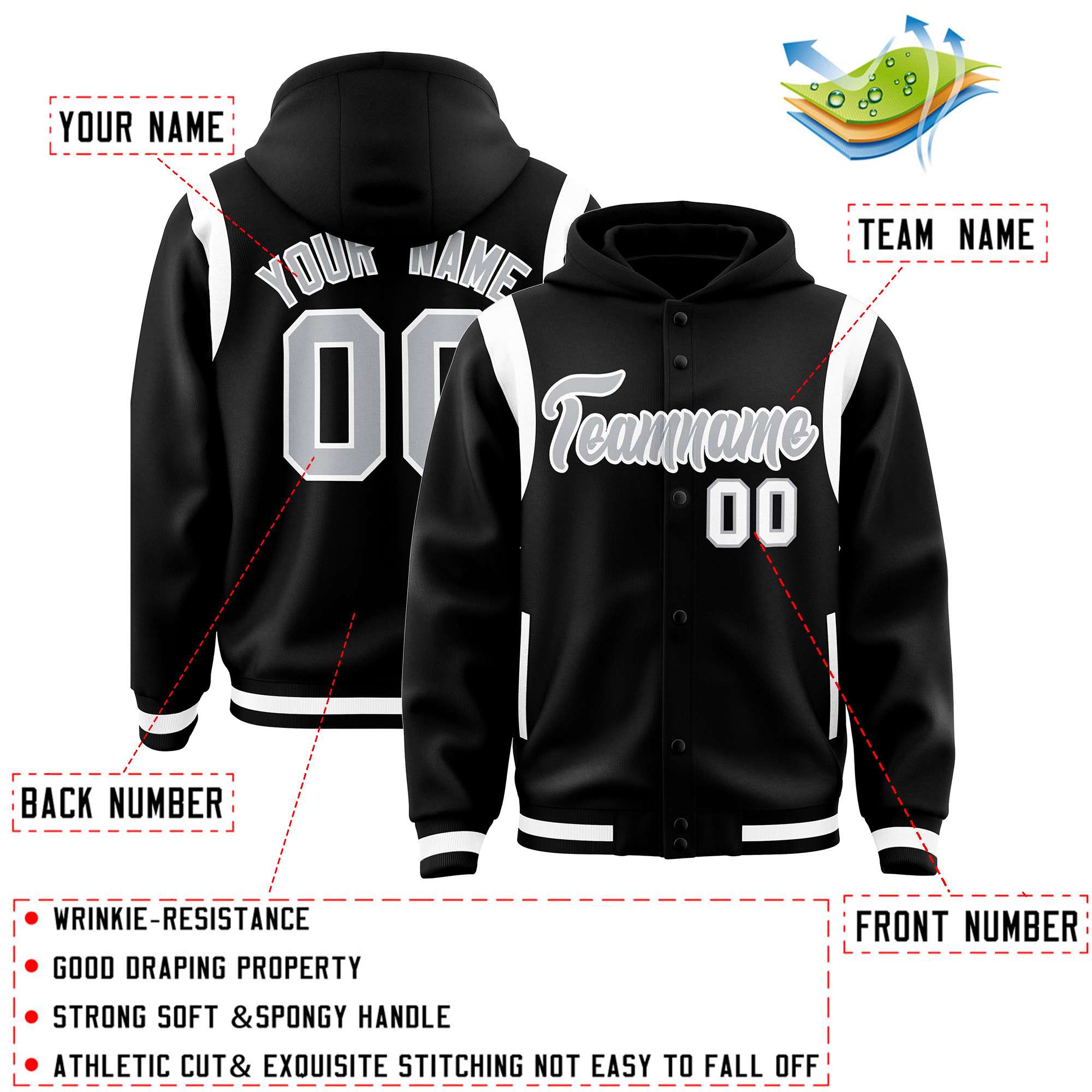 Custom Black Silver Varsity Full-Snap Letterman Shoulder Color Block Hoodie Jacket