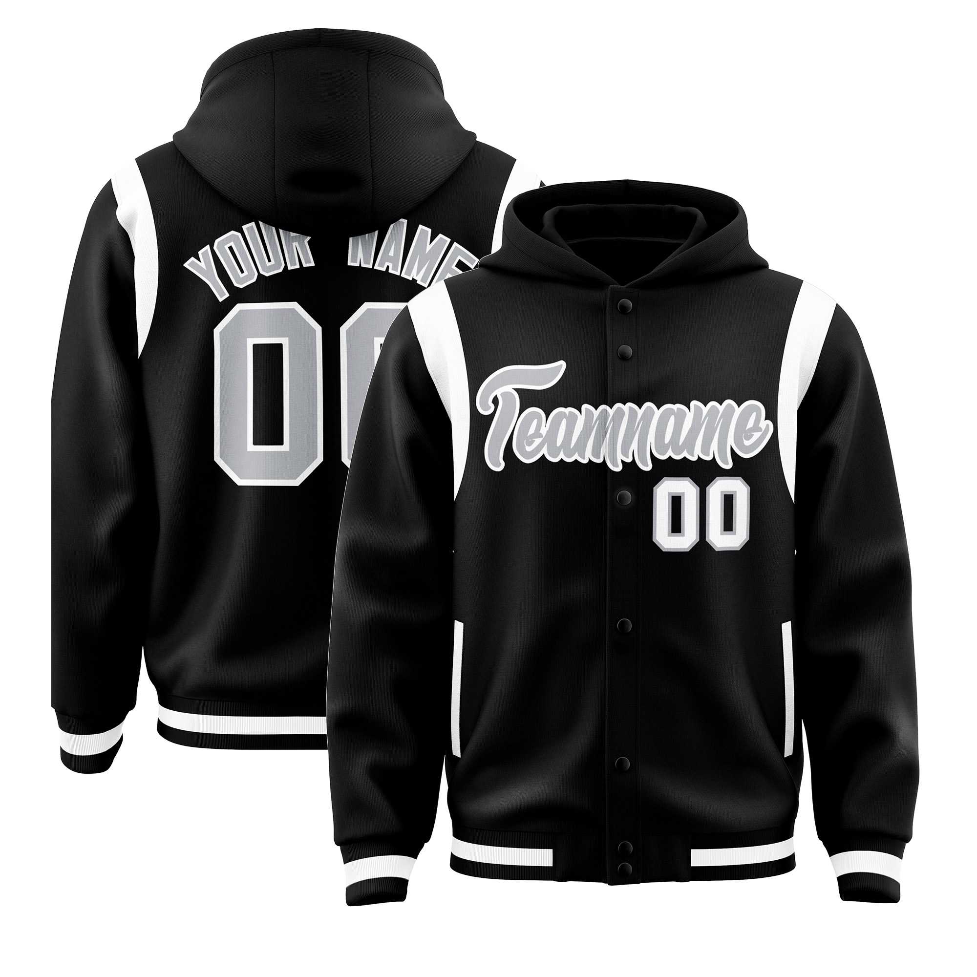 Custom Black Silver Varsity Full-Snap Letterman Shoulder Color Block Hoodie Jacket