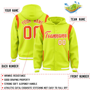 Custom Fluorescent Green Orange Varsity Full-Snap Letterman Shoulder Color Block Hoodie Jacket