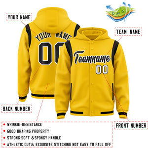 Custom Gold Black Varsity Full-Snap Letterman Shoulder Color Block Hoodie Jacket