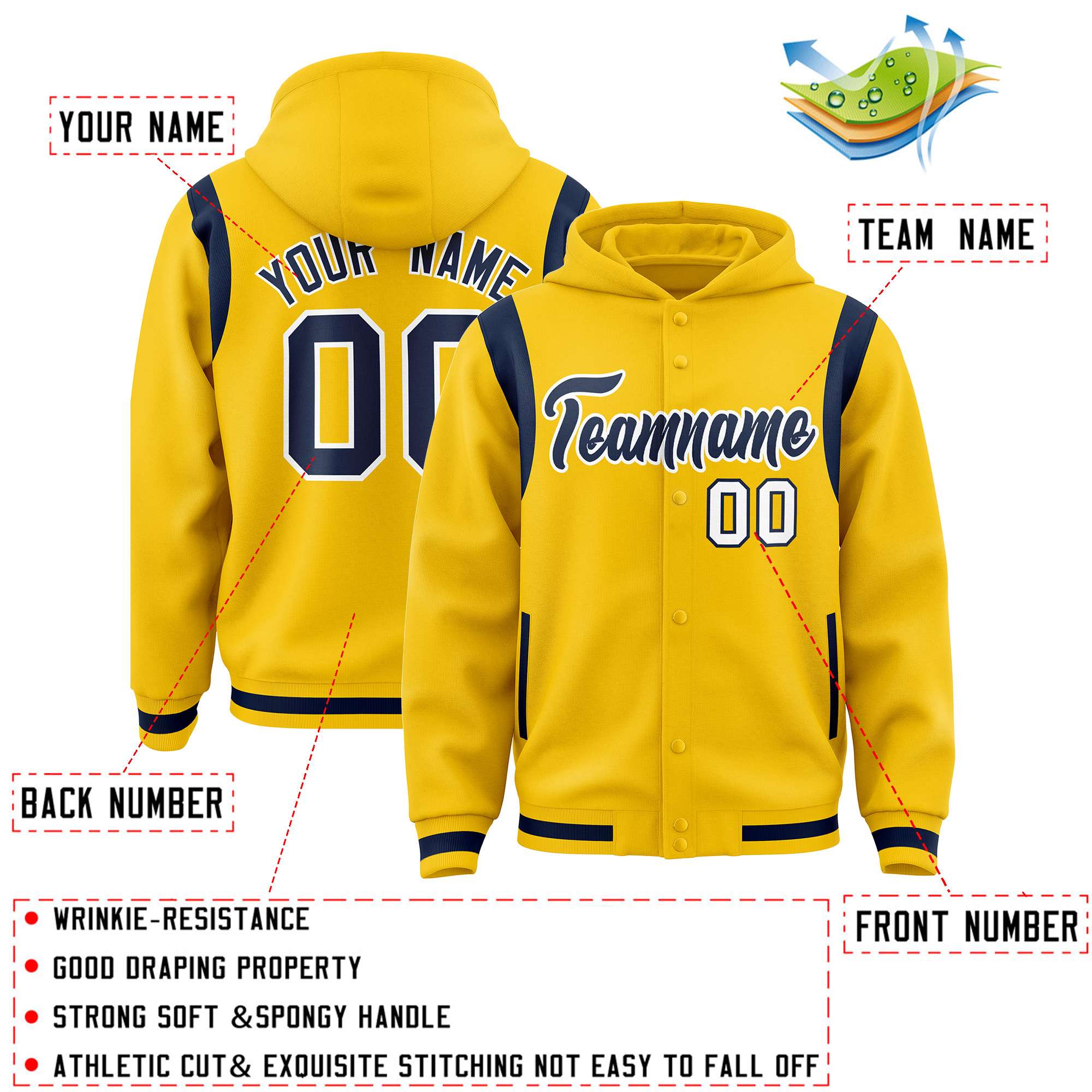 Custom Gold Navy Varsity Full-Snap Letterman Shoulder Color Block Hoodie Jacket