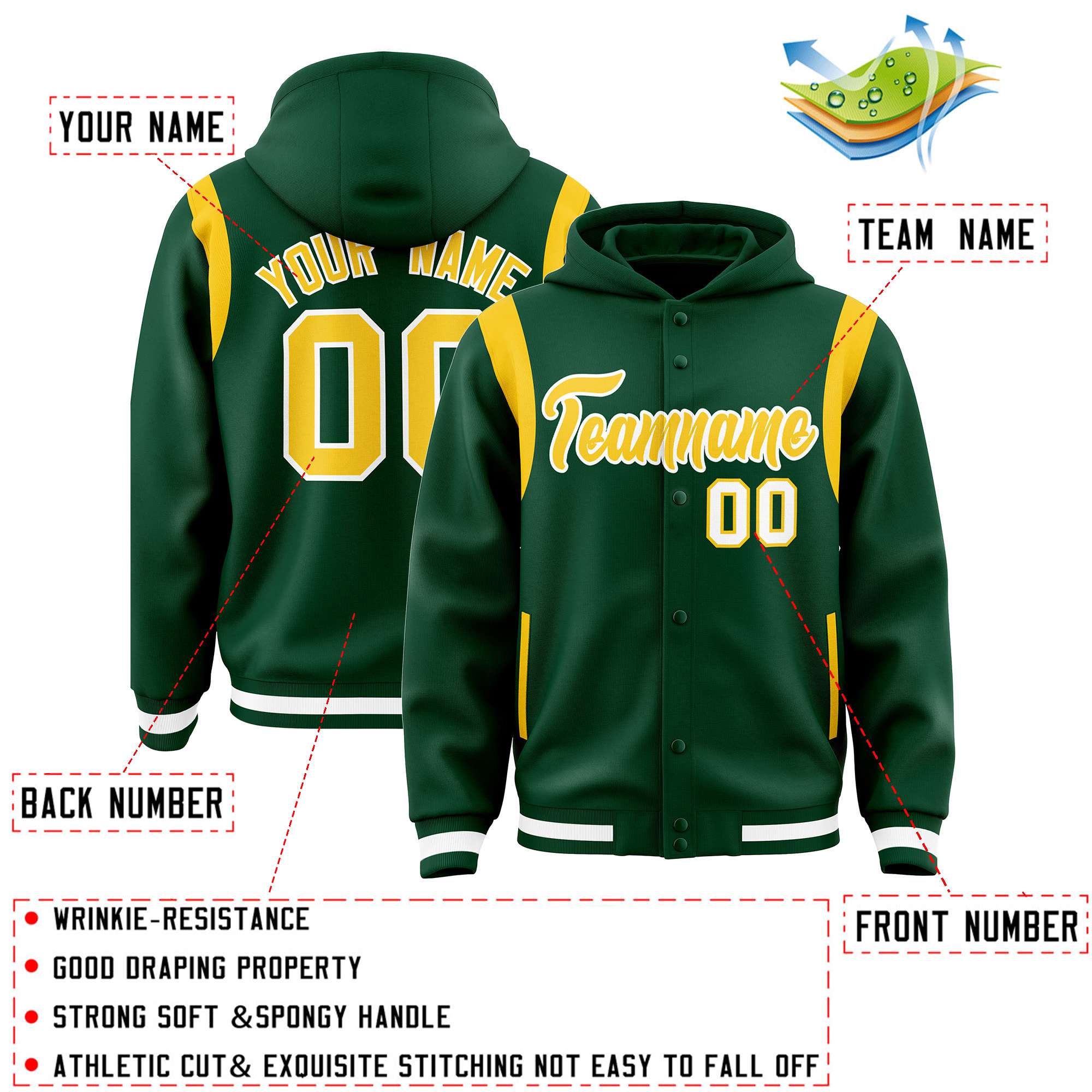 Custom Green Gold Varsity Full-Snap Letterman Shoulder Color Block Hoodie Jacket