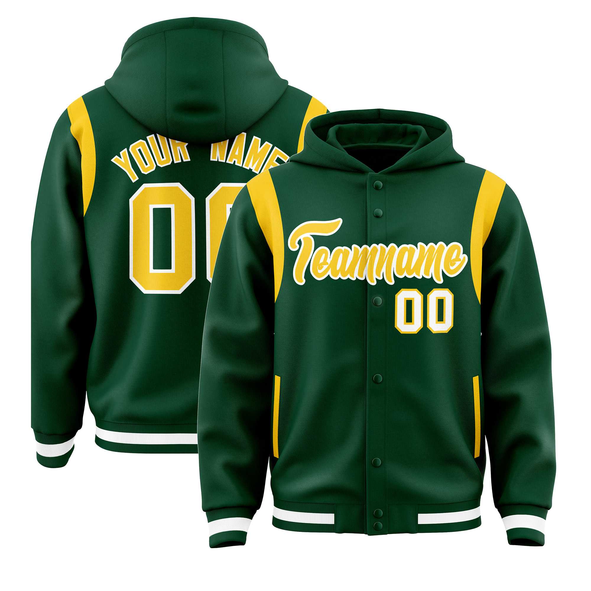 Custom Green Gold Varsity Full-Snap Letterman Shoulder Color Block Hoodie Jacket