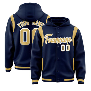 Custom Navy Old Gold Varsity Full-Snap Letterman Shoulder Color Block Hoodie Jacket