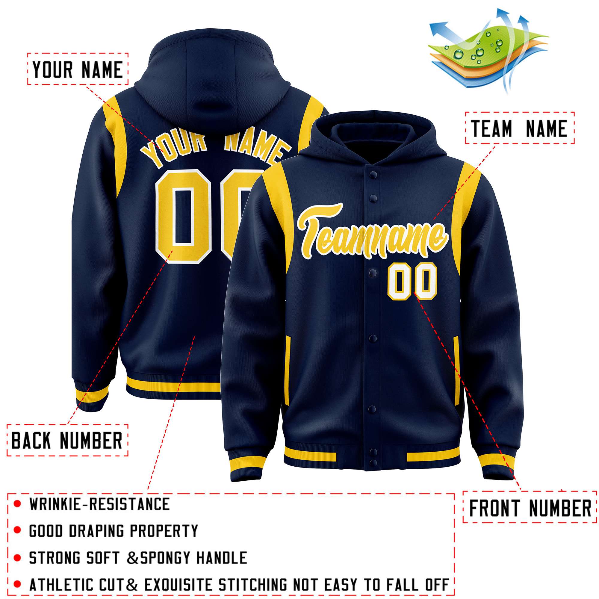 Custom Navy Gold Varsity Full-Snap Letterman Shoulder Color Block Hoodie Jacket