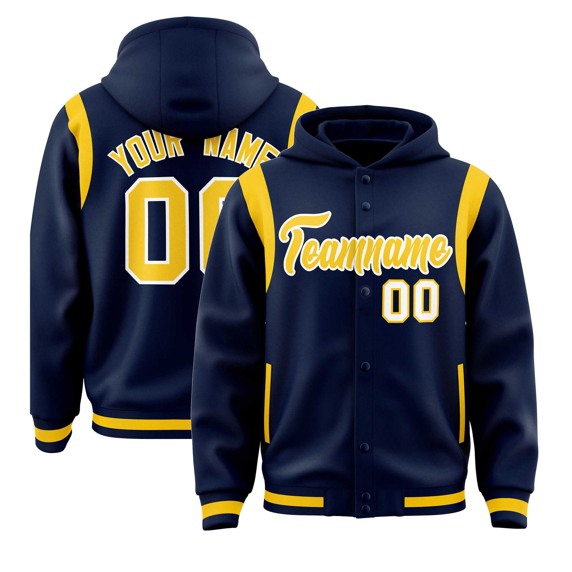 Custom Navy Gold Varsity Full-Snap Letterman Shoulder Color Block Hoodie Jacket