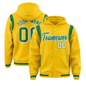 Custom Gold Kelly Green Varsity Full-Snap Letterman Shoulder Color Block Hoodie Jacket