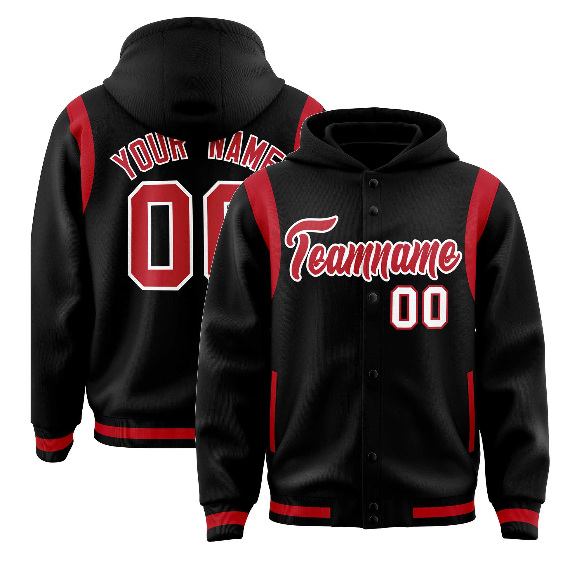 Custom Black Red Varsity Full-Snap Letterman Shoulder Color Block Hoodie Jacket