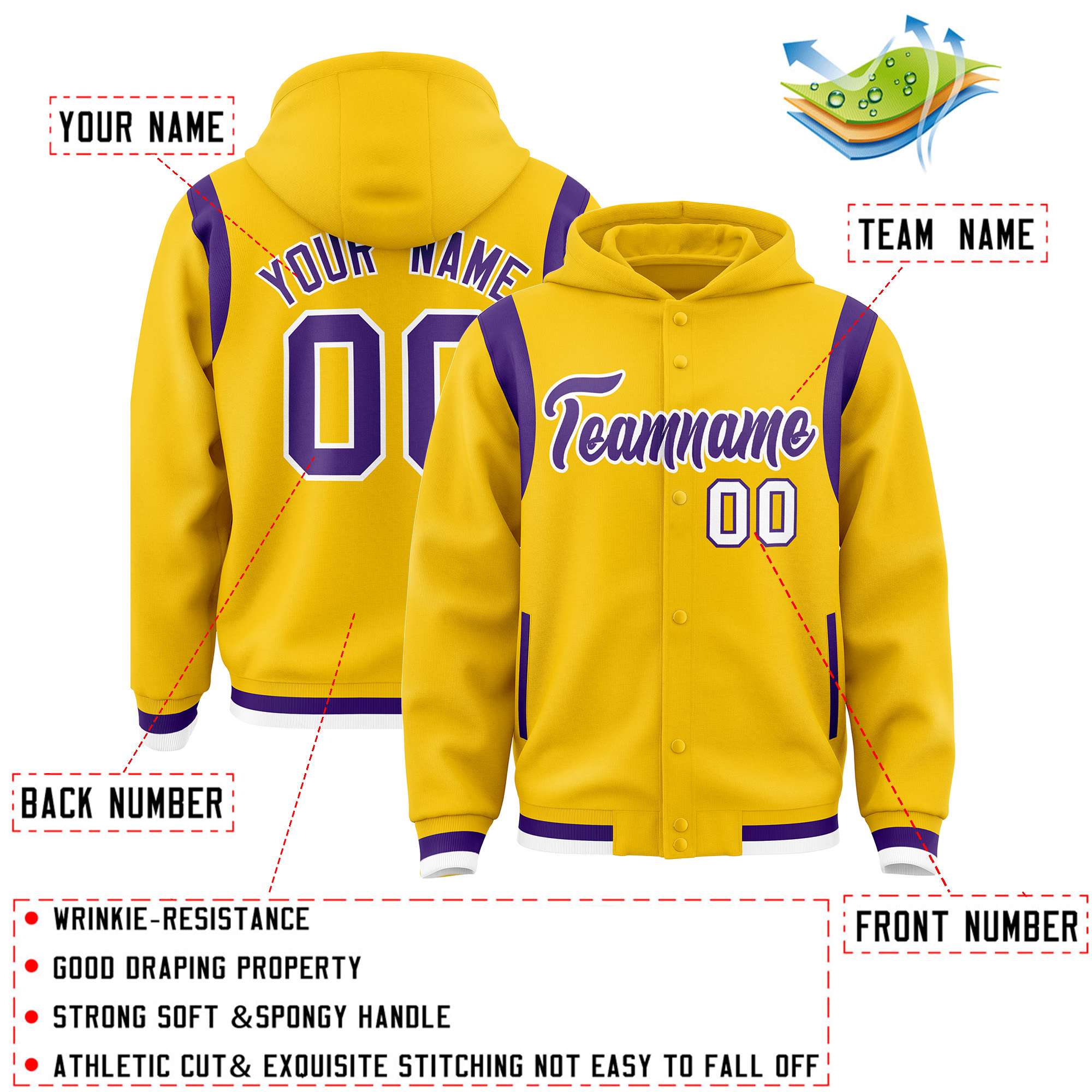 Custom Gold Purple Varsity Full-Snap Letterman Shoulder Color Block Hoodie Jacket