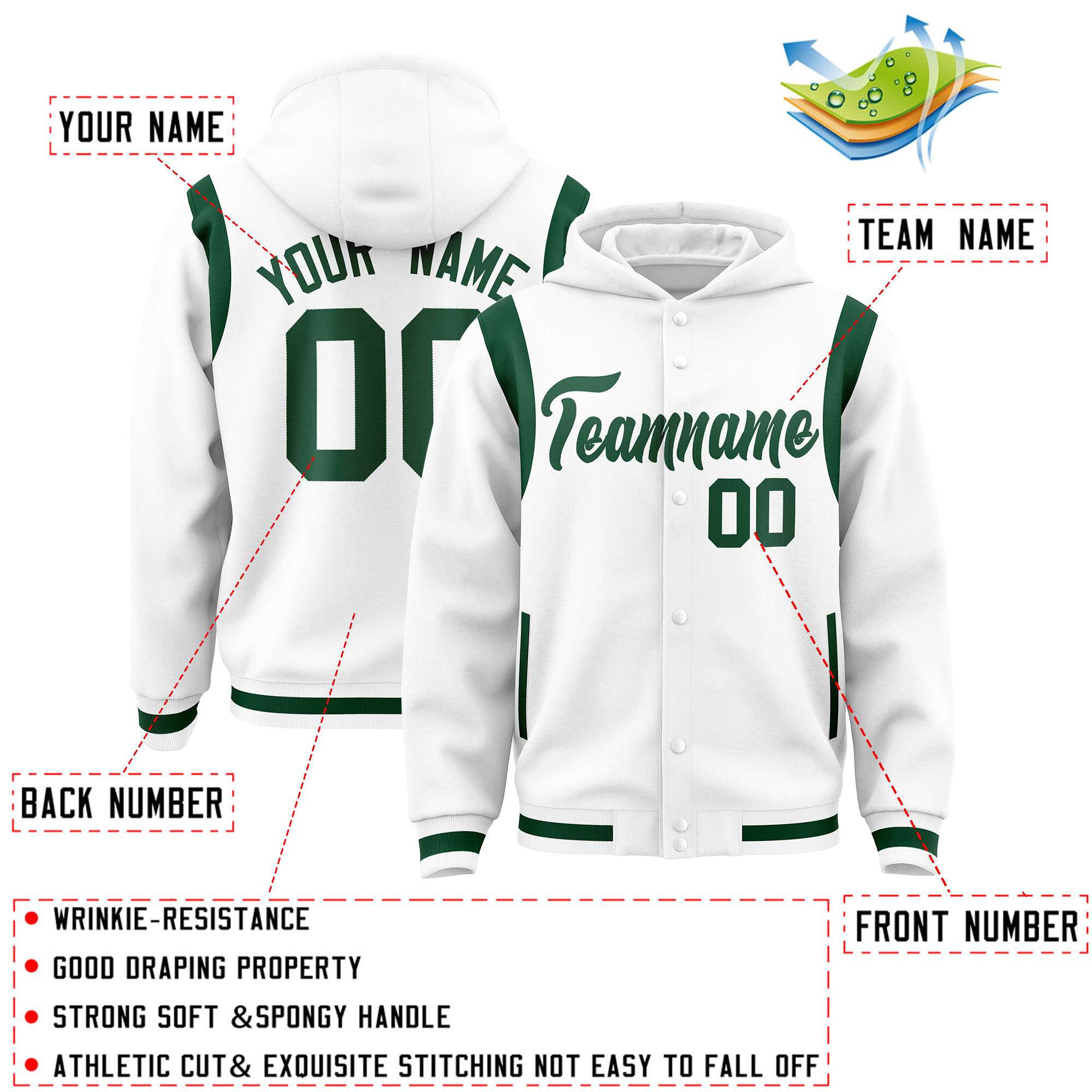 Custom White Green Varsity Full-Snap Letterman Shoulder Color Block Hoodie Jacket