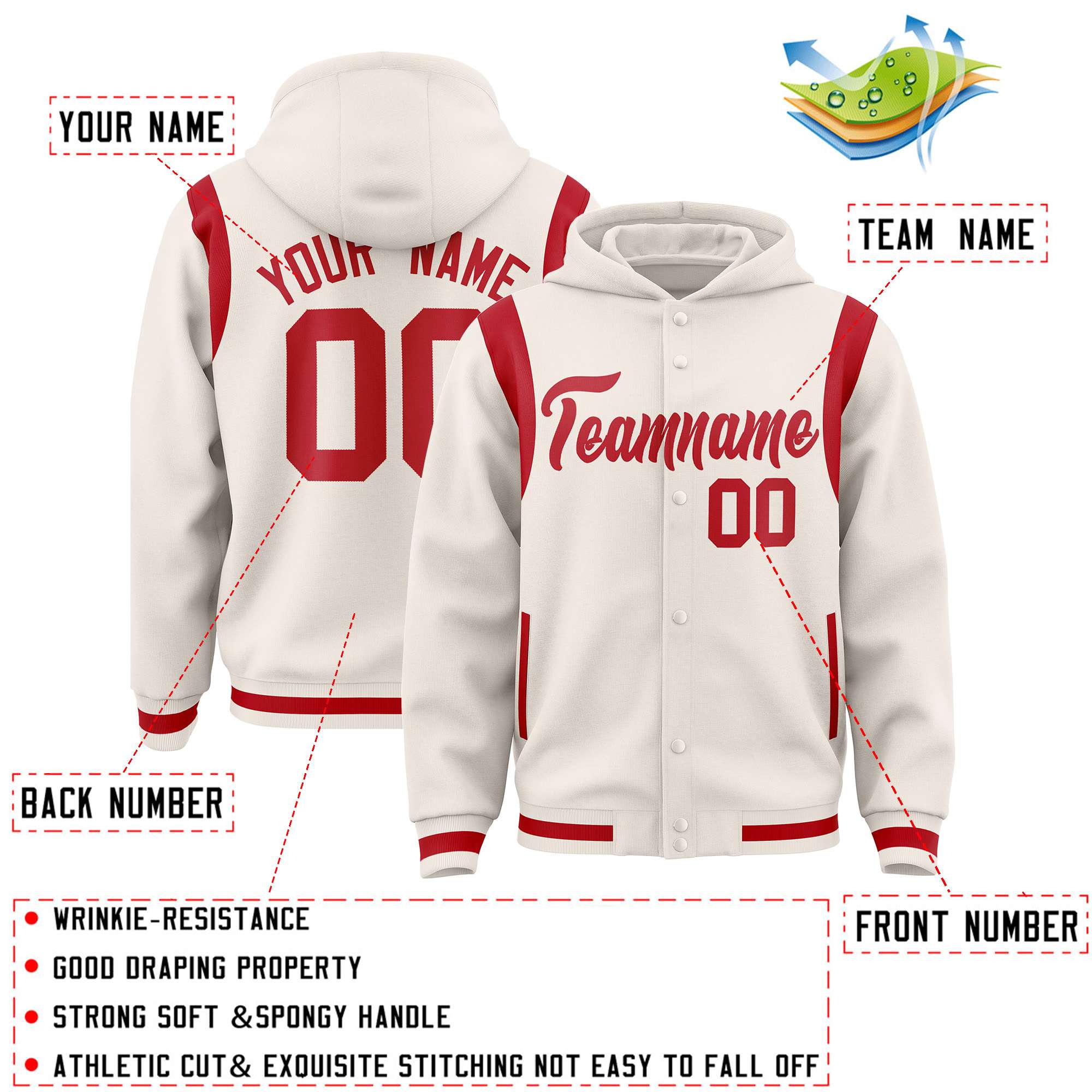 Custom Cream Red Varsity Full-Snap Letterman Shoulder Color Block Hoodie Jacket