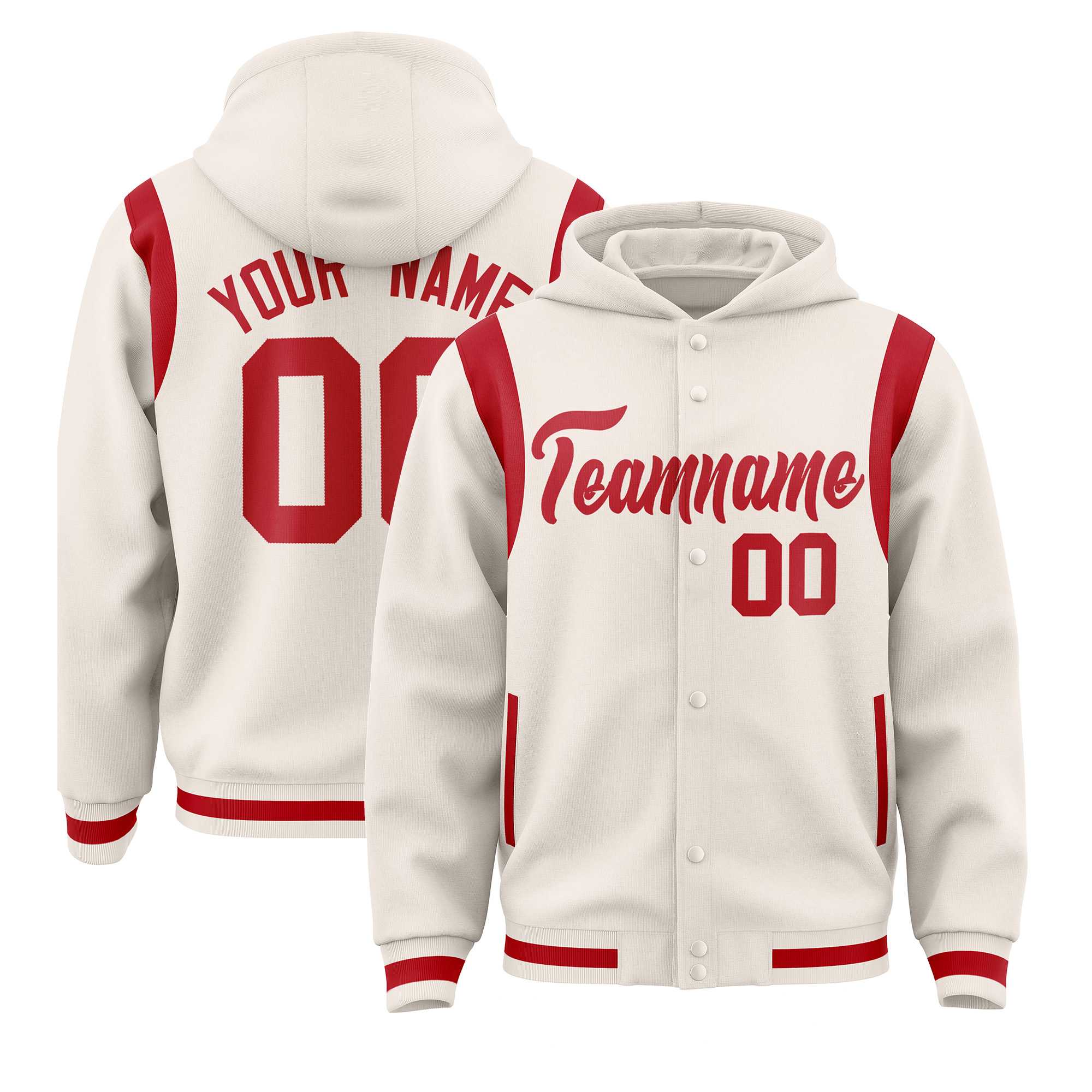 Custom Cream Red Varsity Full-Snap Letterman Shoulder Color Block Hoodie Jacket