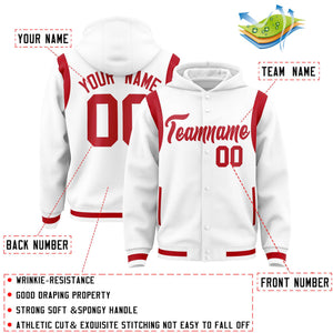 Custom White Red Varsity Full-Snap Letterman Shoulder Color Block Hoodie Jacket