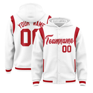 Custom White Red Varsity Full-Snap Letterman Shoulder Color Block Hoodie Jacket