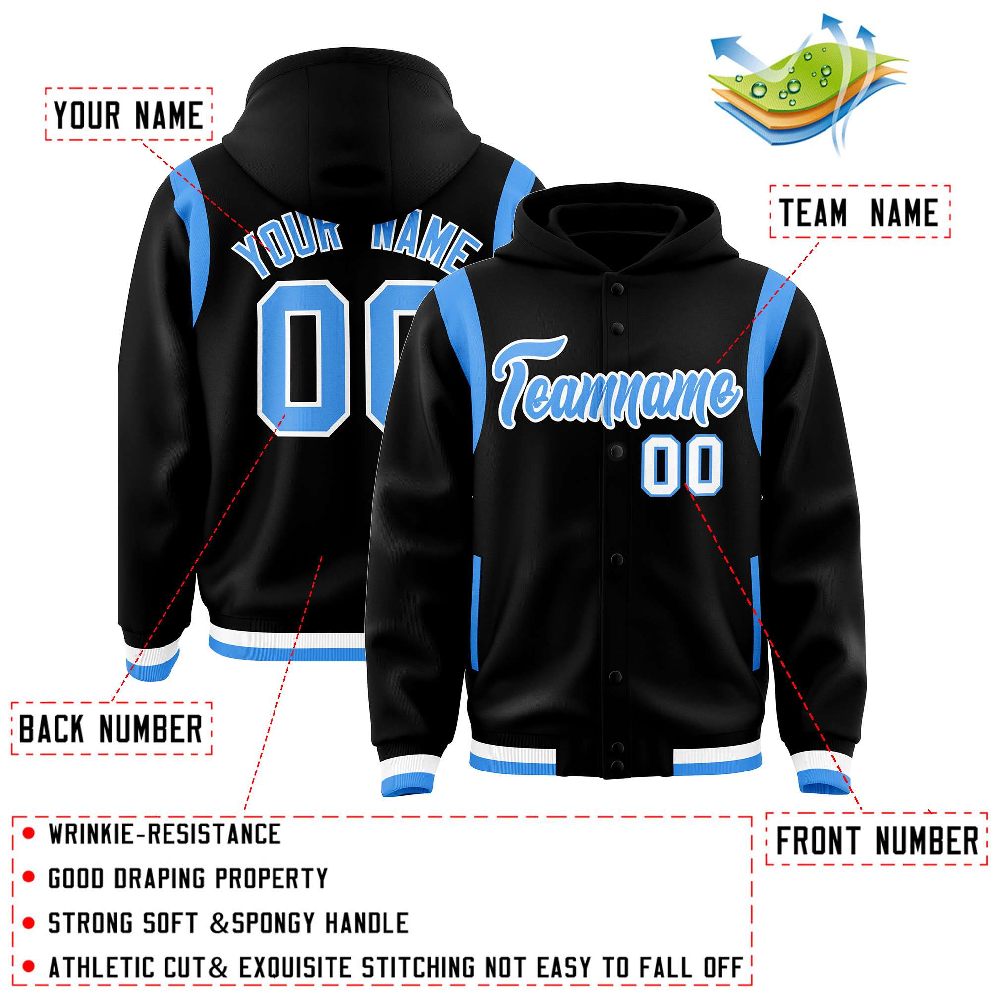 Custom Black Powder Blue Varsity Full-Snap Letterman Shoulder Color Block Hoodie Jacket