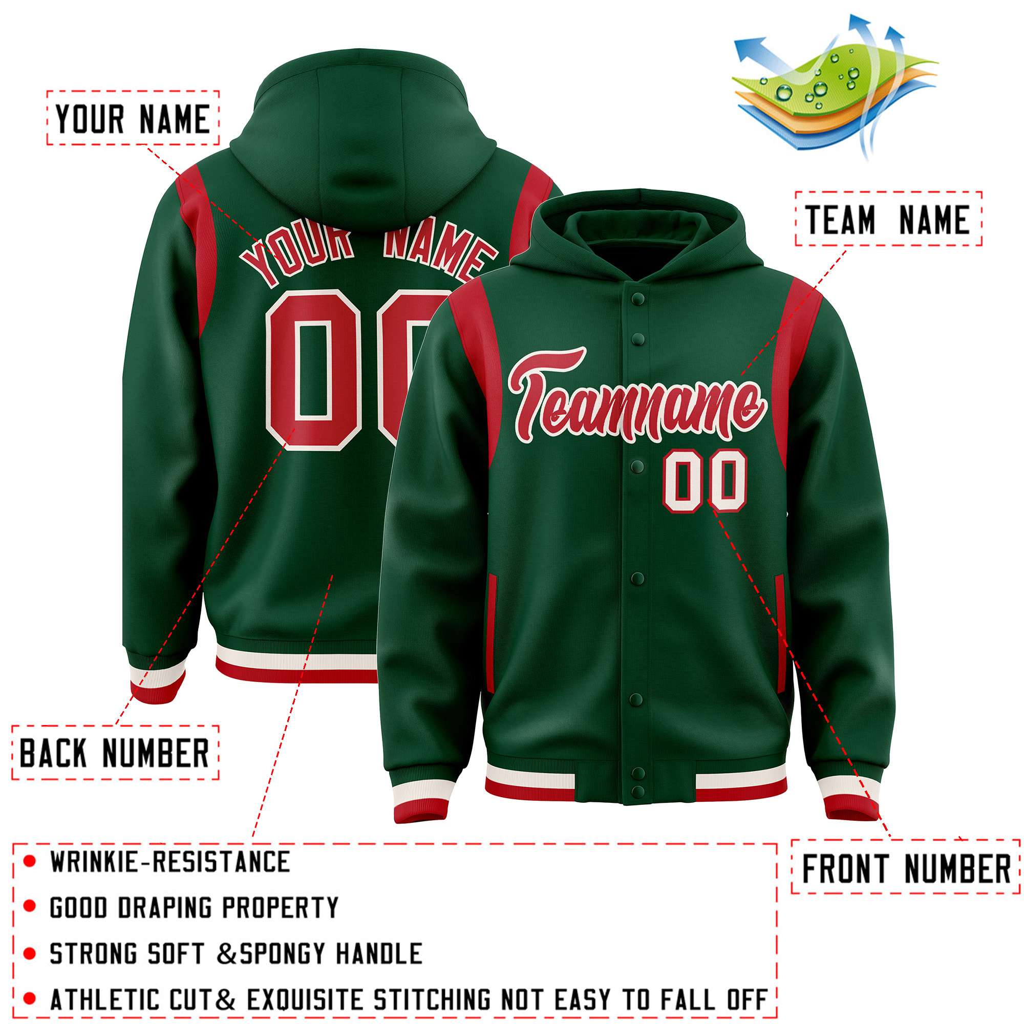 Custom Green Red Varsity Full-Snap Letterman Shoulder Color Block Hoodie Jacket