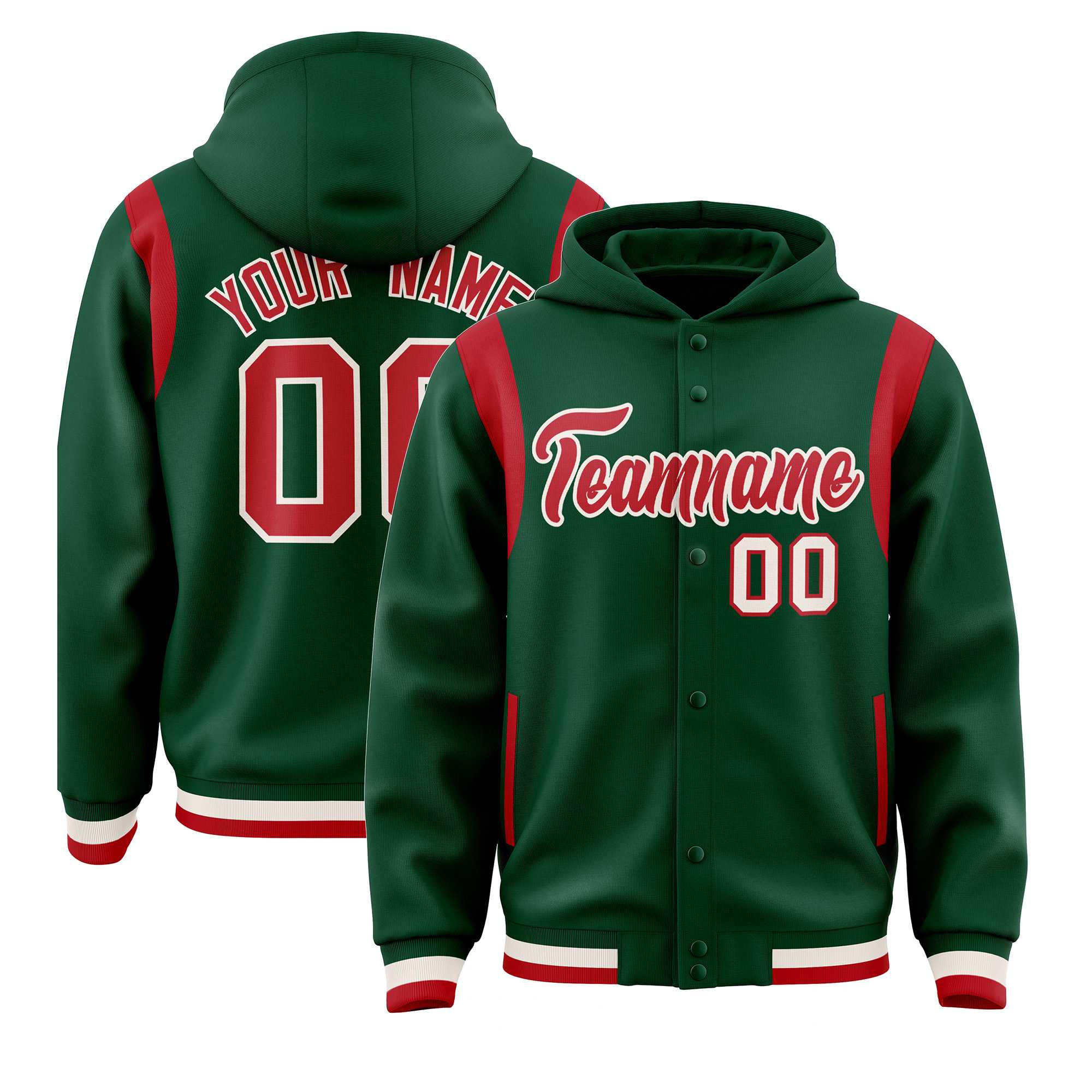 Custom Green Red Varsity Full-Snap Letterman Shoulder Color Block Hoodie Jacket