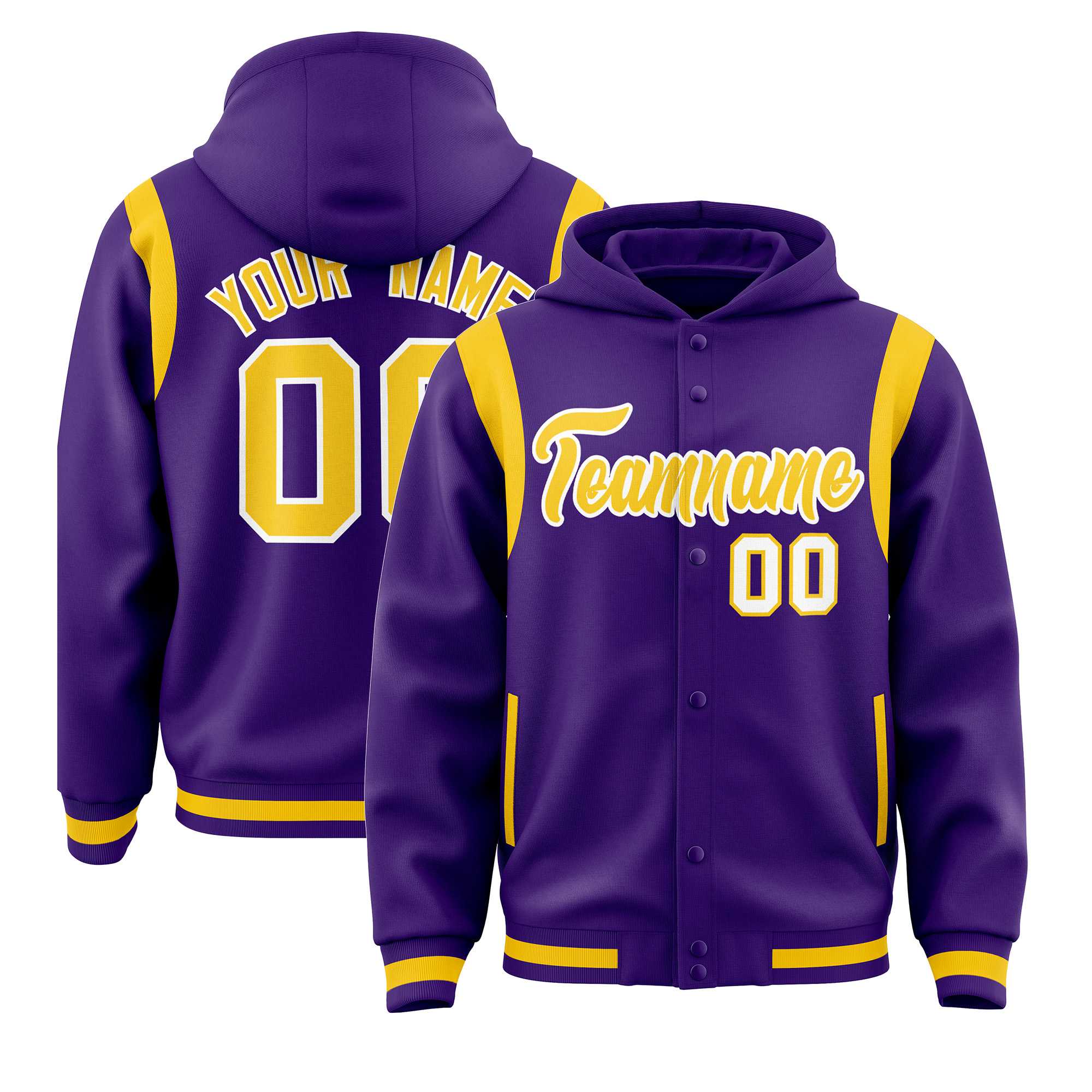 Custom Purple Gold Varsity Full-Snap Letterman Shoulder Color Block Hoodie Jacket