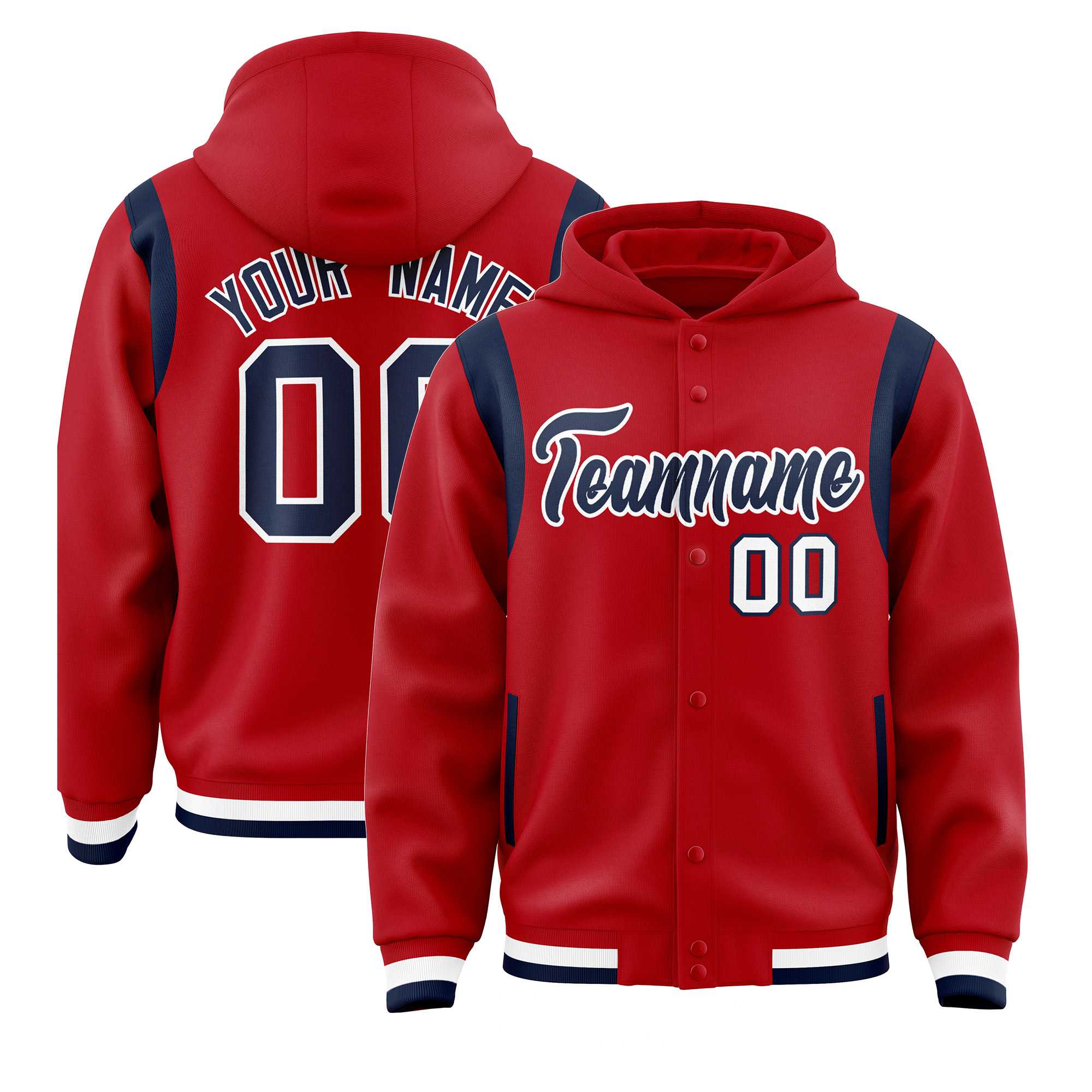 Custom Red Navy Varsity Full-Snap Letterman Shoulder Color Block Hoodie Jacket