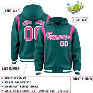 Custom Aqua Pink Varsity Full-Snap Letterman Shoulder Color Block Hoodie Jacket