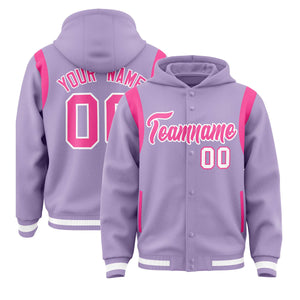 Custom Light Purple Pink Varsity Full-Snap Letterman Shoulder Color Block Hoodie Jacket