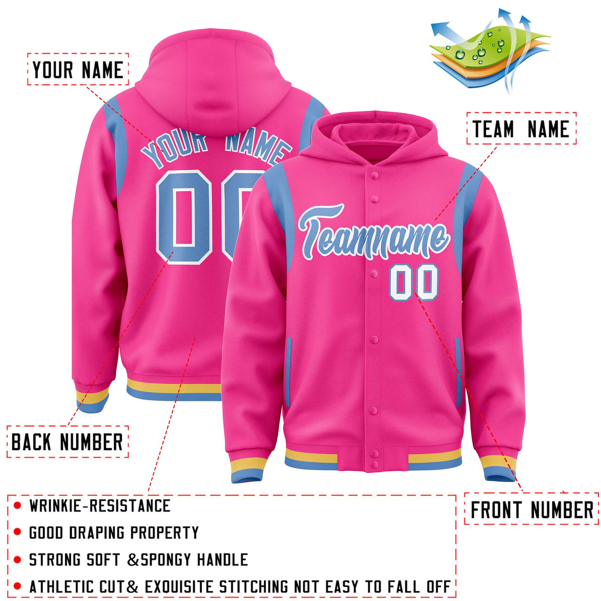 Custom Pink Light Blue Varsity Full-Snap Letterman Shoulder Color Block Hoodie Jacket