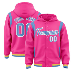 Custom Pink Light Blue Varsity Full-Snap Letterman Shoulder Color Block Hoodie Jacket