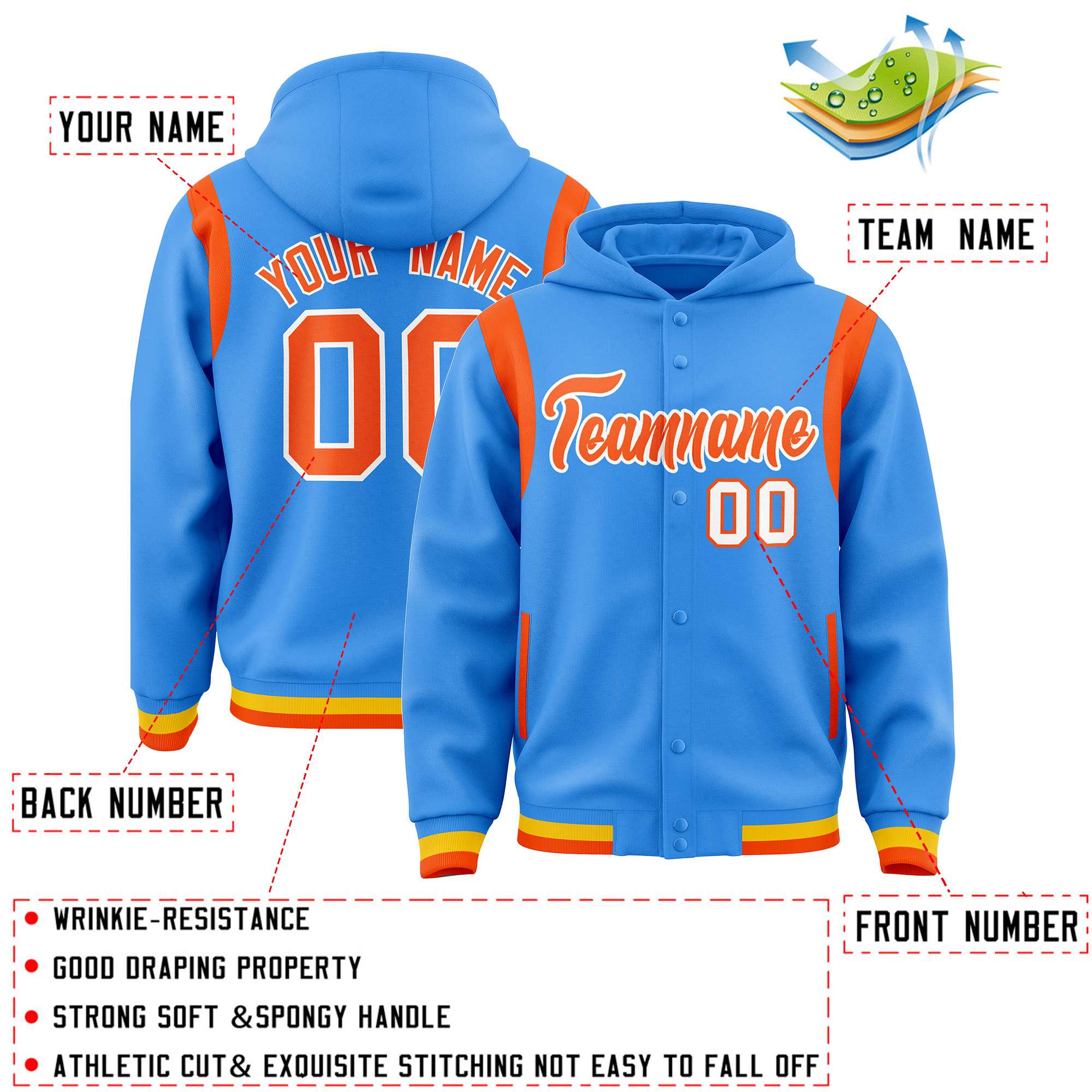 Custom Powder Blue Orange Varsity Full-Snap Letterman Shoulder Color Block Hoodie Jacket