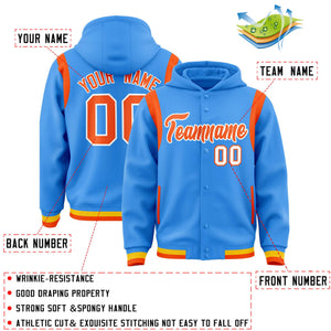 Custom Powder Blue Orange Varsity Full-Snap Letterman Shoulder Color Block Hoodie Jacket