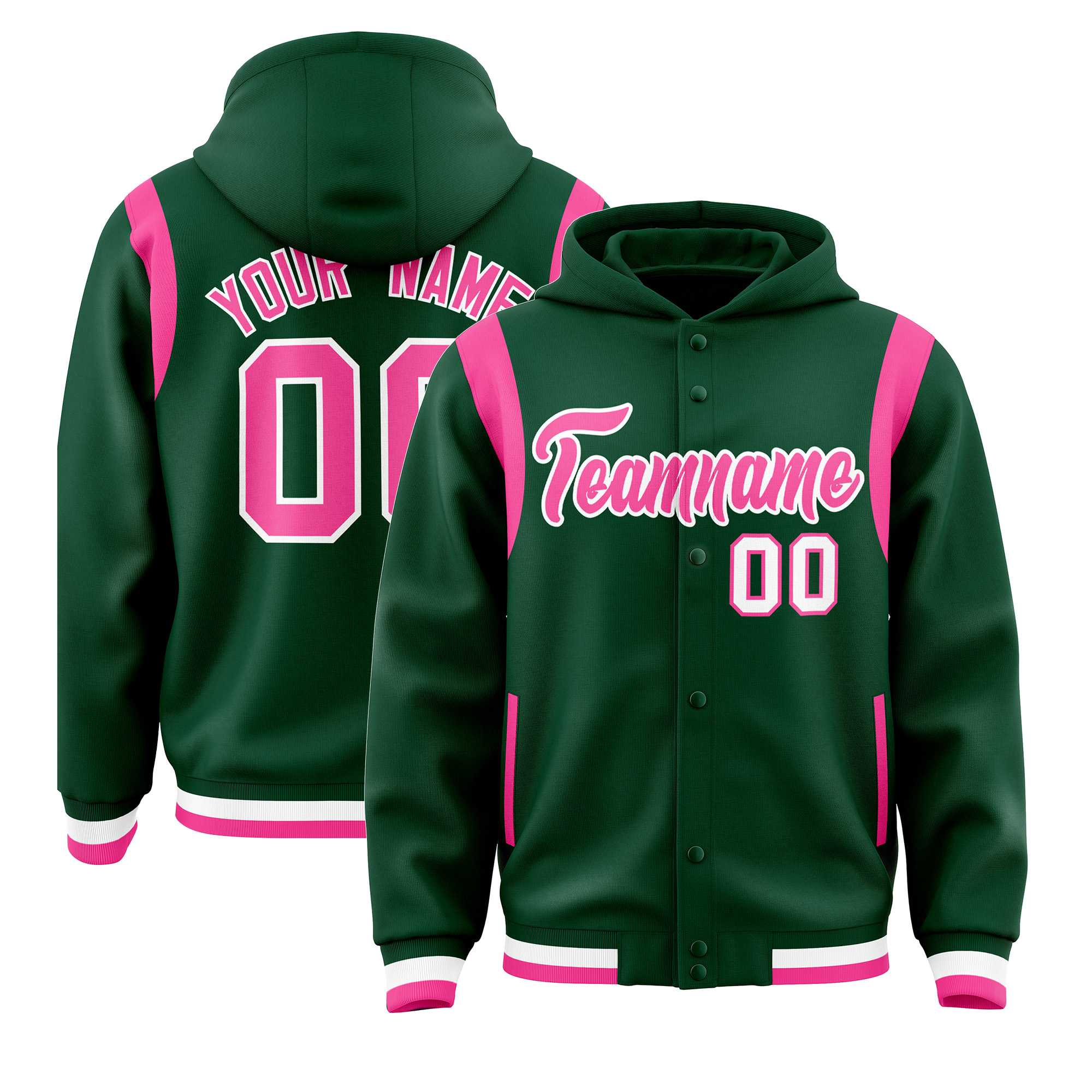 Custom Green Pink Varsity Full-Snap Letterman Shoulder Color Block Hoodie Jacket