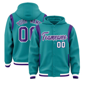 Custom Aqua Purple Varsity Full-Snap Letterman Shoulder Color Block Hoodie Jacket