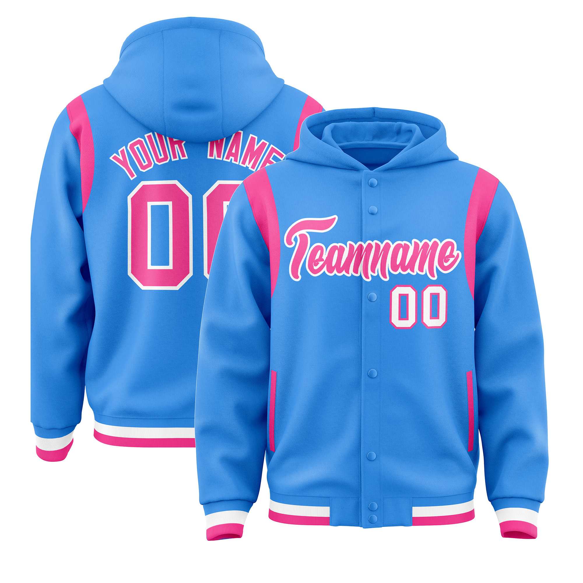 Custom Powder Blue Pink Varsity Full-Snap Letterman Shoulder Color Block Hoodie Jacket