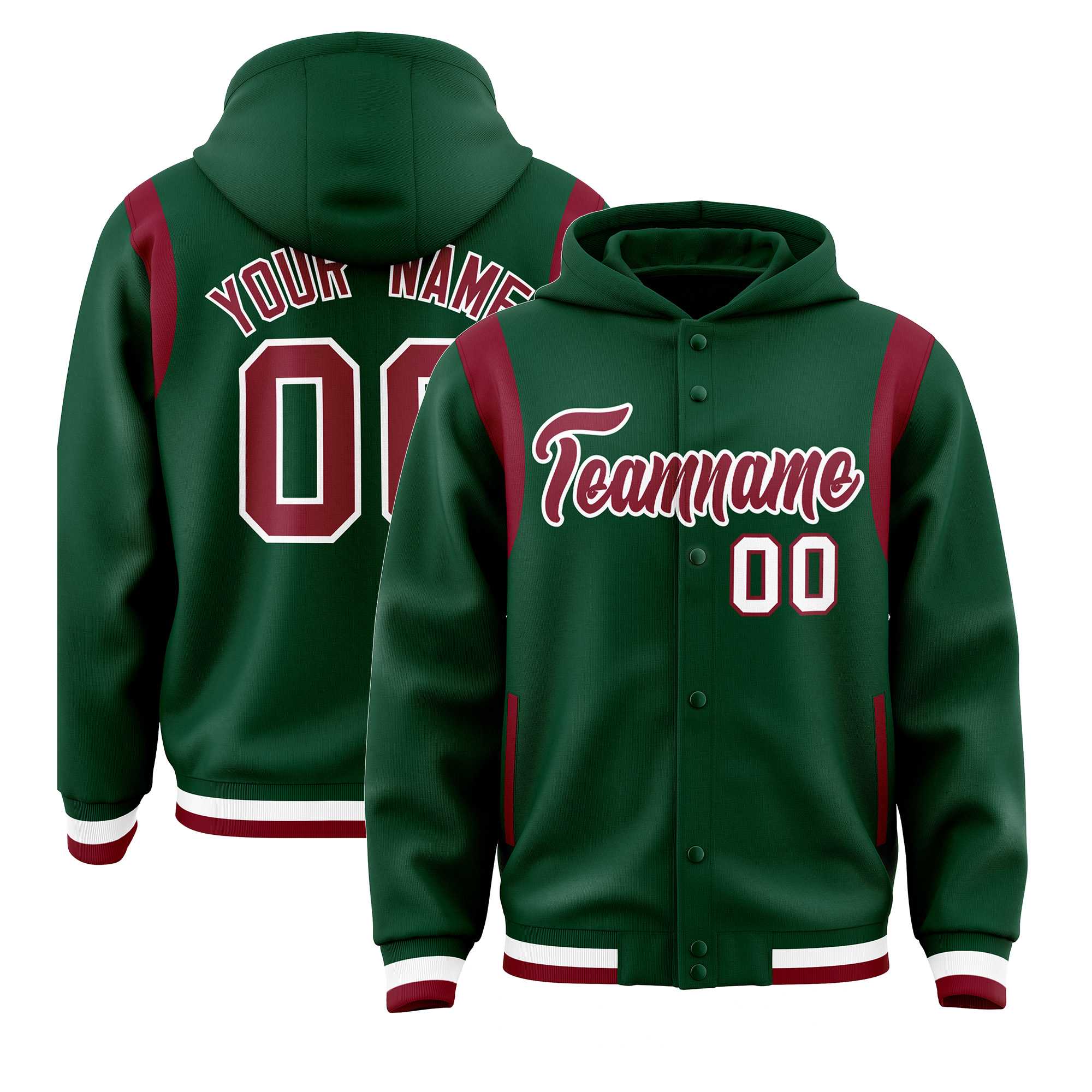 Custom Green Crimson Varsity Full-Snap Letterman Shoulder Color Block Hoodie Jacket