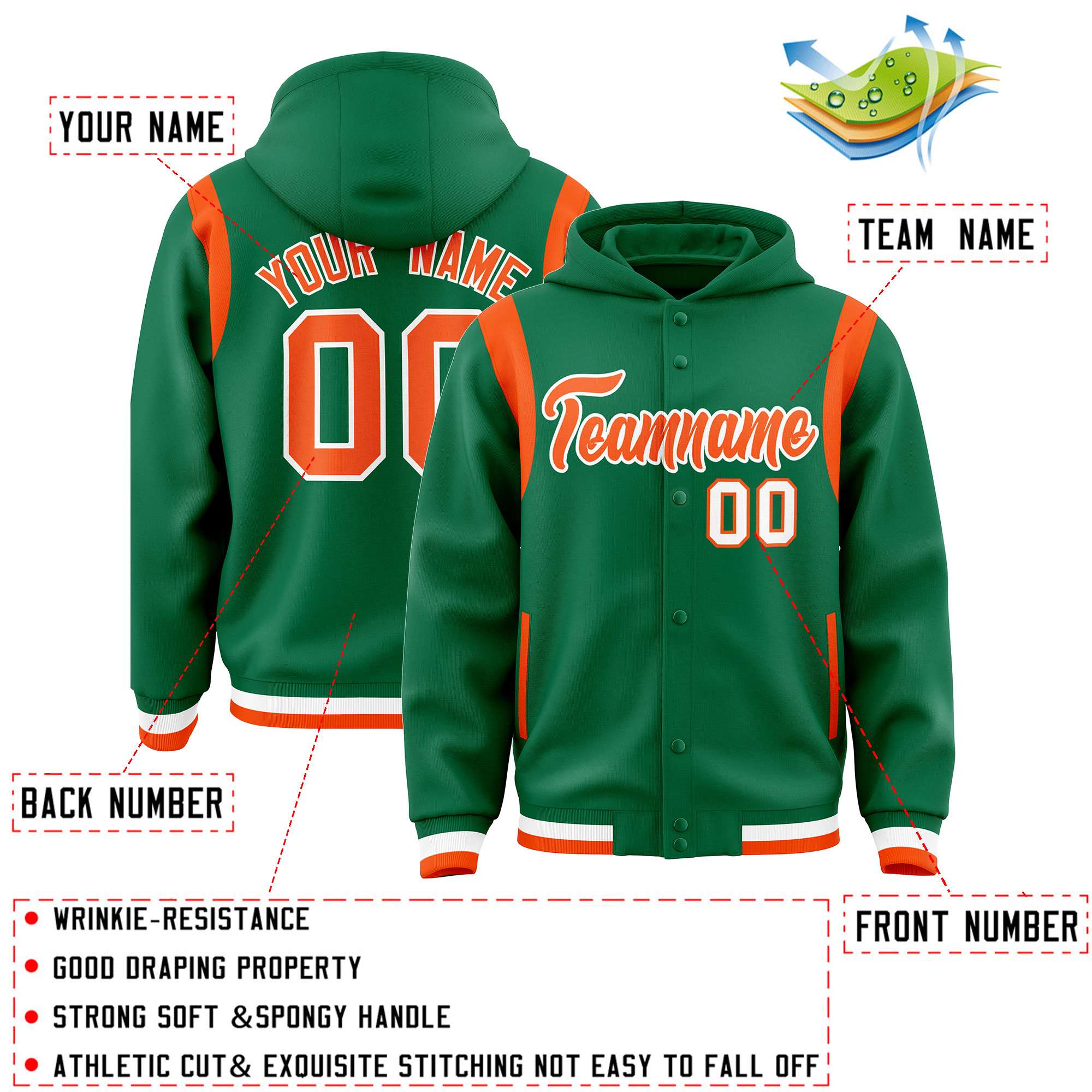 Custom Kelly Green Orange Varsity Full-Snap Letterman Shoulder Color Block Hoodie Jacket