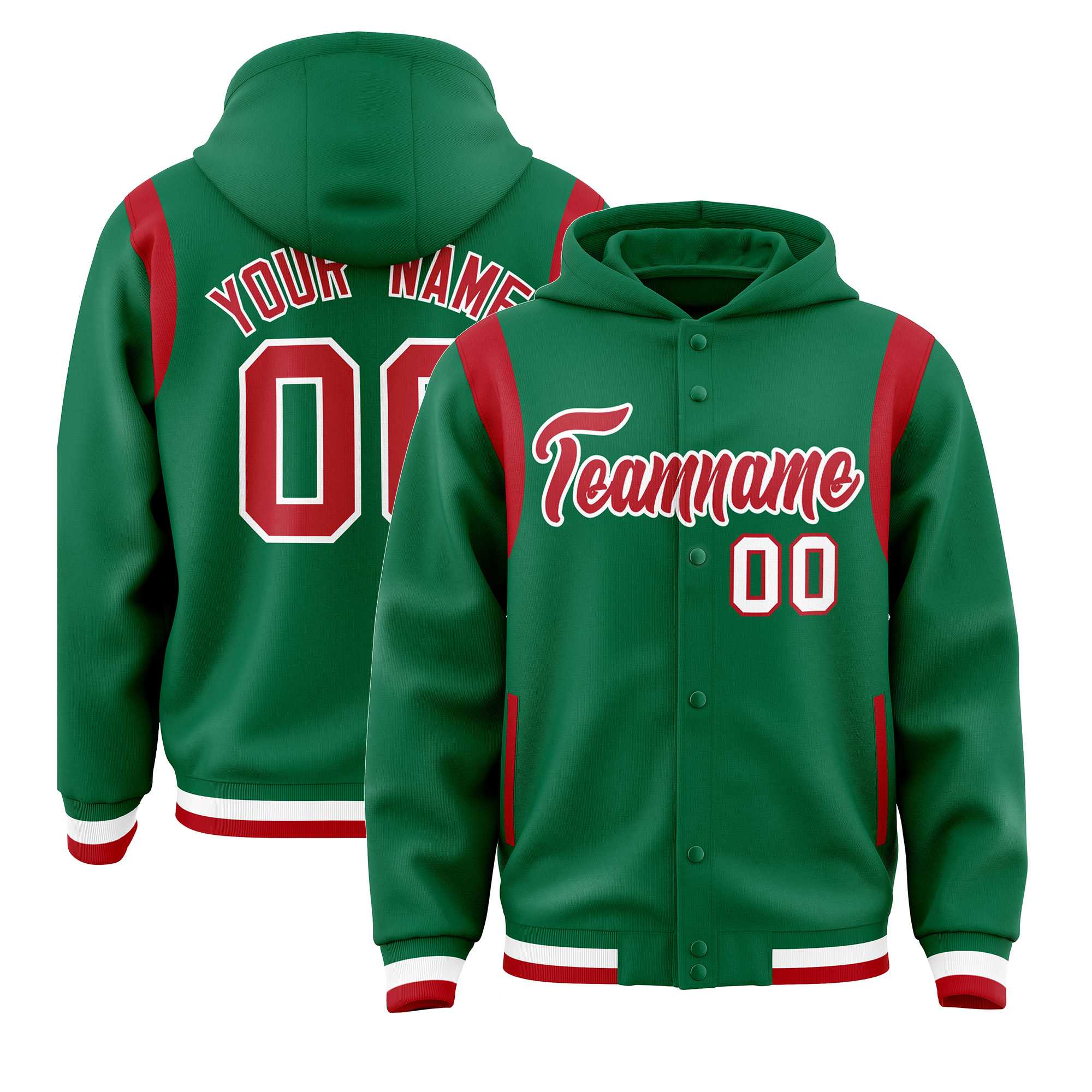 Custom Kelly Green Red Varsity Full-Snap Letterman Shoulder Color Block Hoodie Jacket