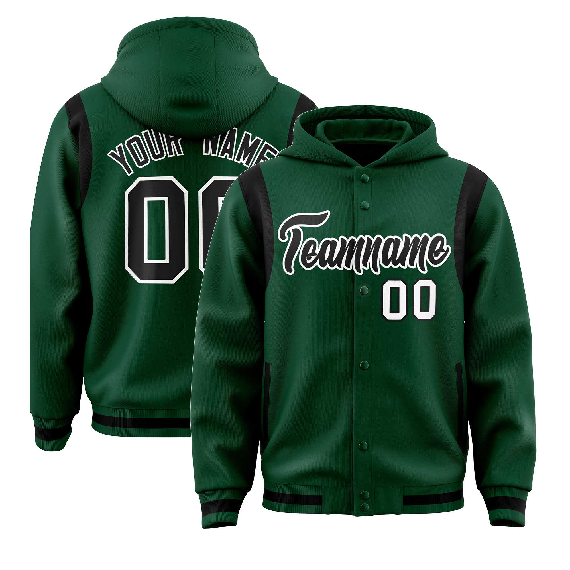 Custom Green Black Varsity Full-Snap Letterman Shoulder Color Block Hoodie Jacket