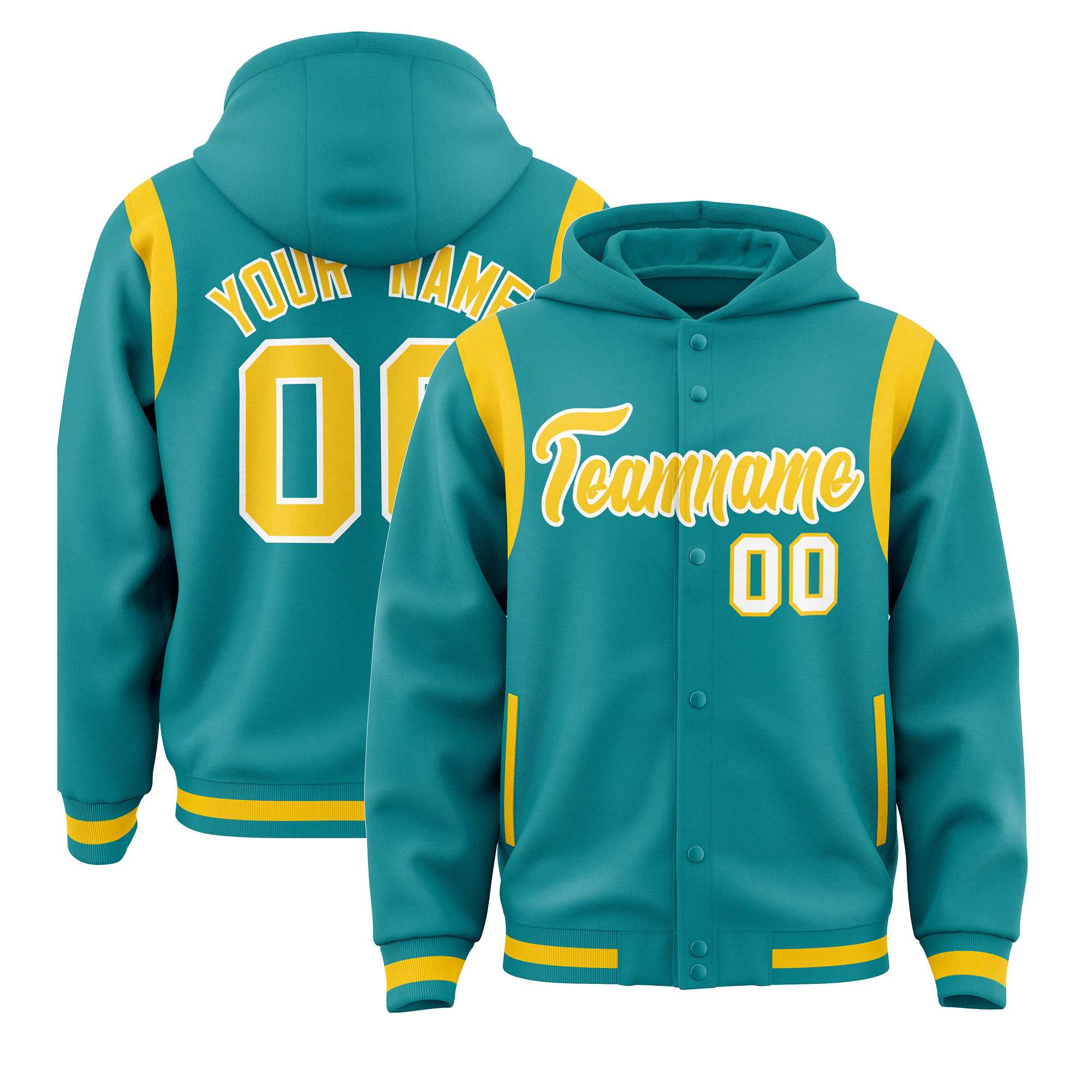 Custom Aqua Gold Varsity Full-Snap Letterman Shoulder Color Block Hoodie Jacket