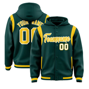 Custom Midnight Green Gold Varsity Full-Snap Letterman Shoulder Color Block Hoodie Jacket