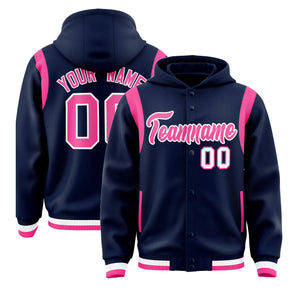 Custom Navy Pink Varsity Full-Snap Letterman Shoulder Color Block Hoodie Jacket