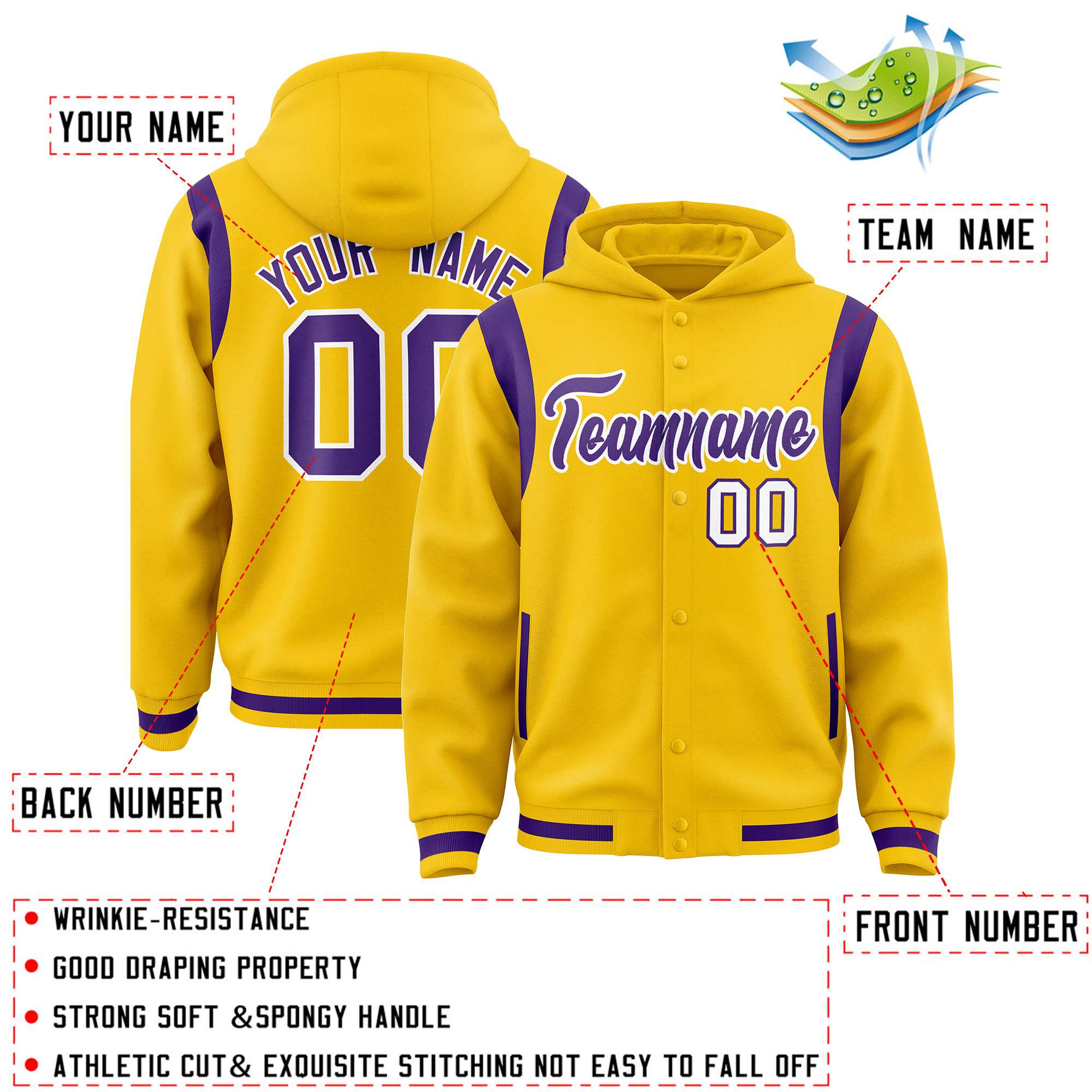 Custom Gold Purple Varsity Full-Snap Letterman Shoulder Color Block Hoodie Jacket