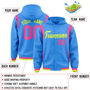 Custom Powder Blue Fluorescent Green Varsity Full-Snap Letterman Shoulder Color Block Hoodie Jacket