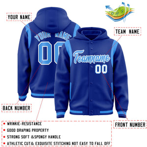 Custom Royal Powder Blue Varsity Full-Snap Letterman Shoulder Color Block Hoodie Jacket