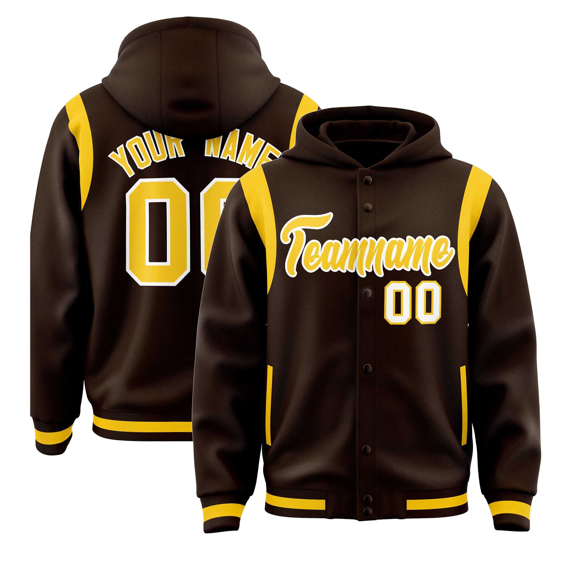 Custom Brown Gold Varsity Full-Snap Letterman Shoulder Color Block Hoodie Jacket