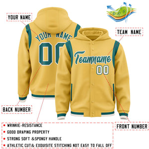 Custom Khaki Aqua Varsity Full-Snap Letterman Shoulder Color Block Hoodie Jacket