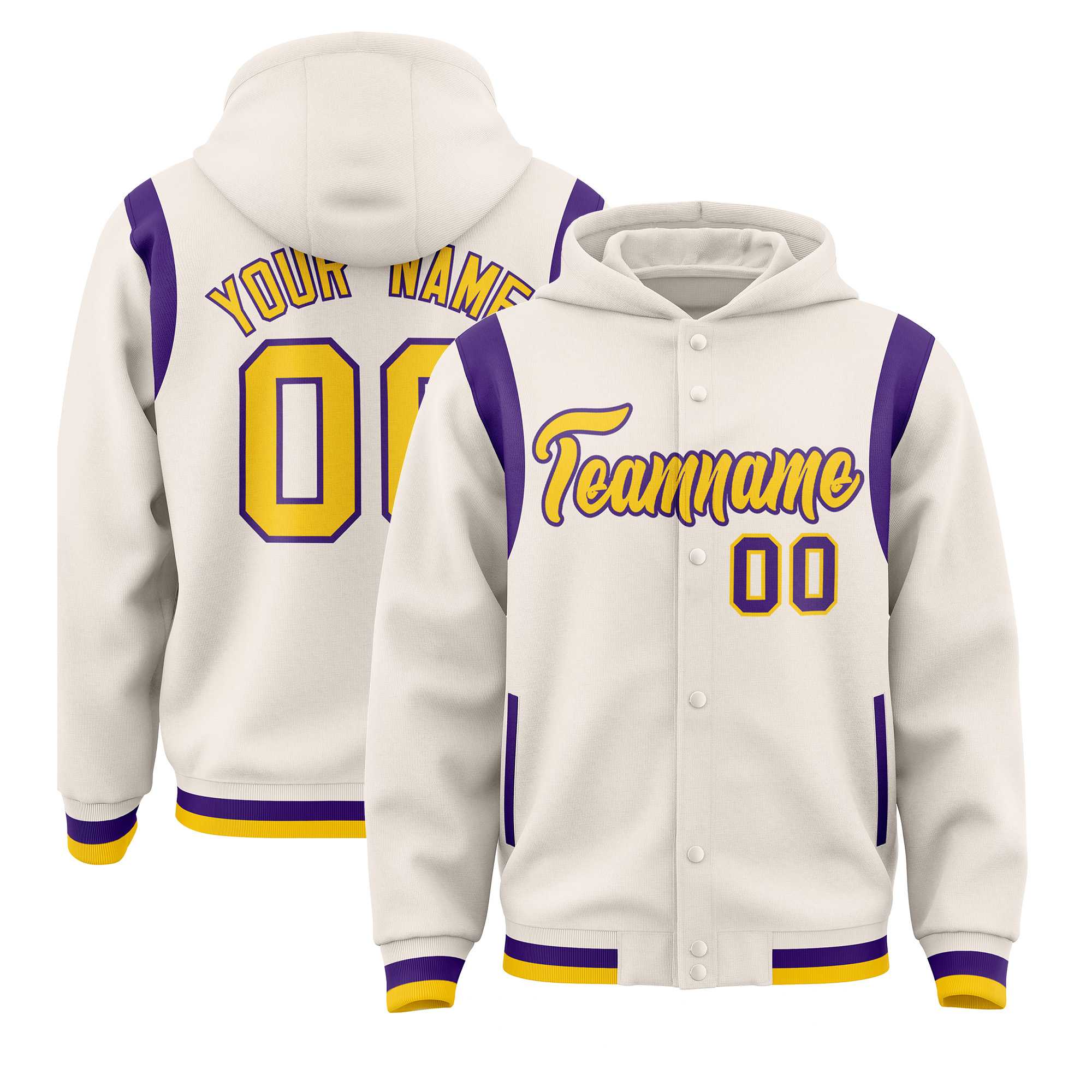 Custom Cream Gold Varsity Full-Snap Letterman Shoulder Color Block Hoodie Jacket