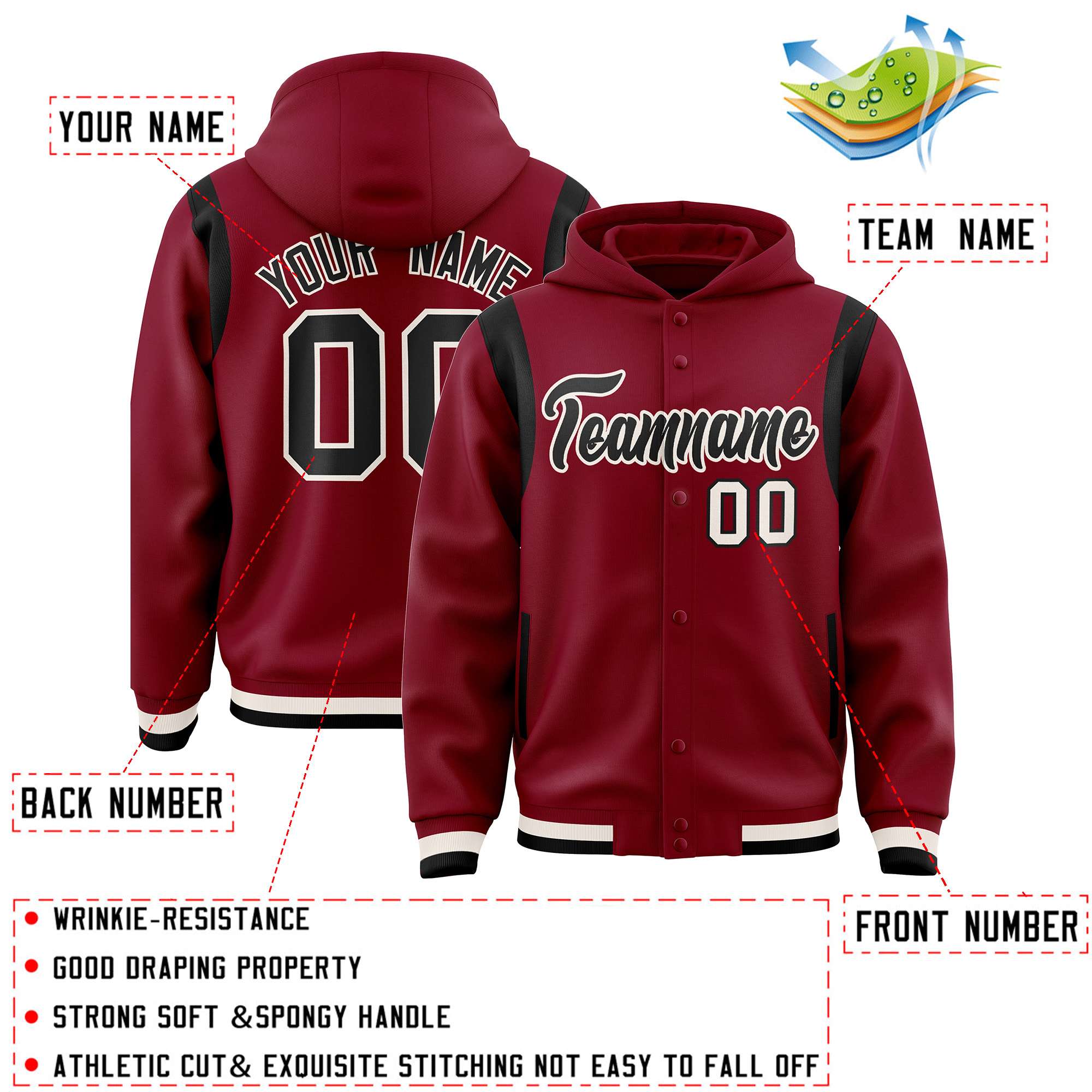 Custom Crimson Black Varsity Full-Snap Letterman Shoulder Color Block Hoodie Jacket