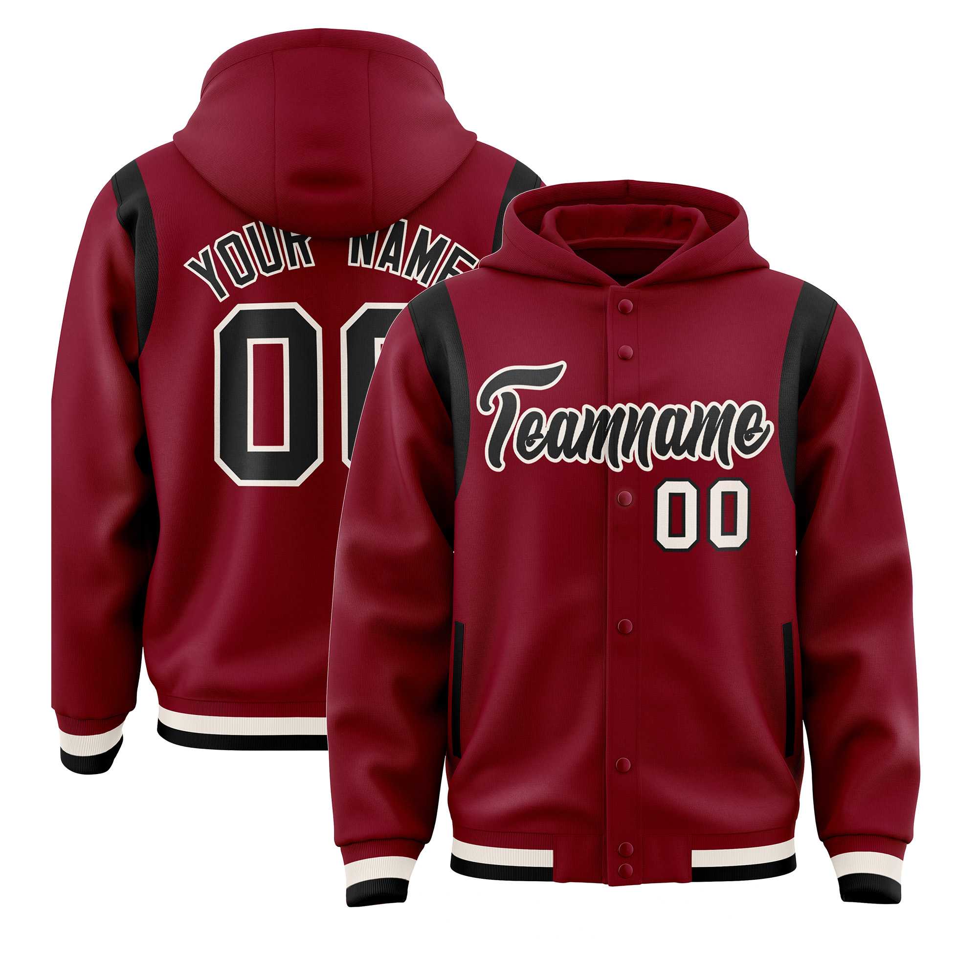 Custom Crimson Black Varsity Full-Snap Letterman Shoulder Color Block Hoodie Jacket